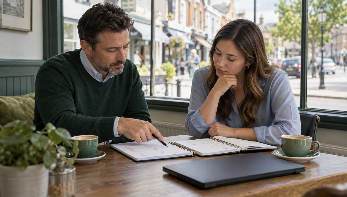 Two people reviewing notebooks beside a closed laptop, illustrating an owner's choice between local SEO and Google Ads.