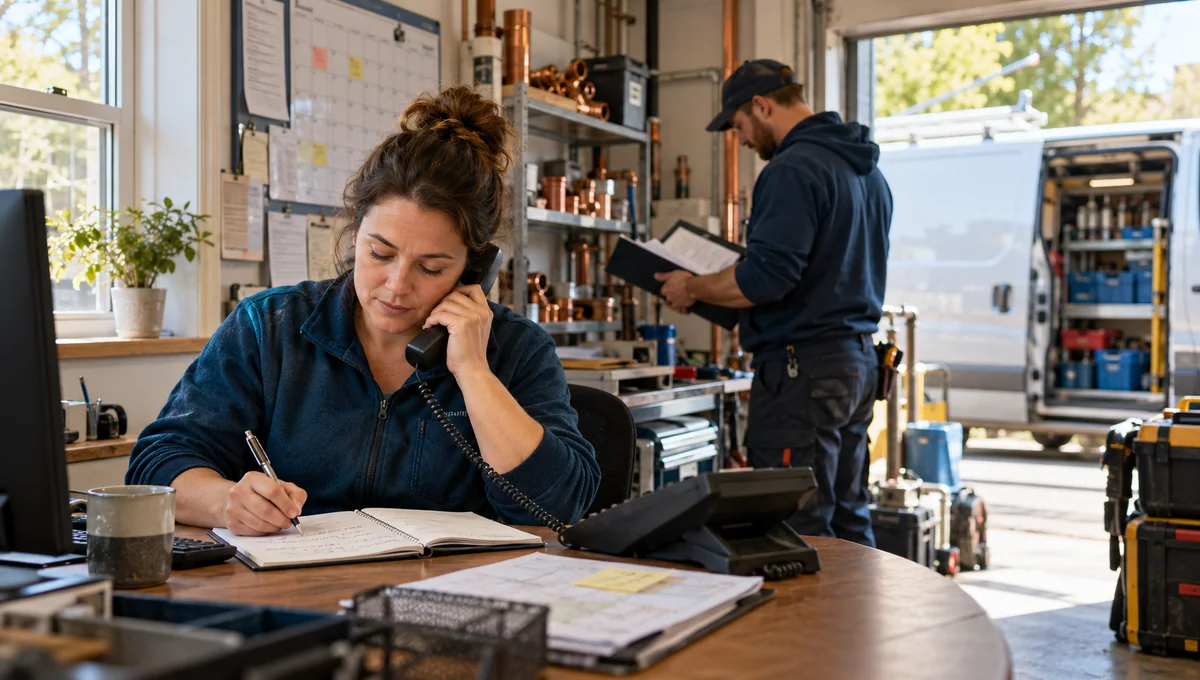 A dispatcher taking a phone call and notes while a technician prepares a work folder beside a service van.