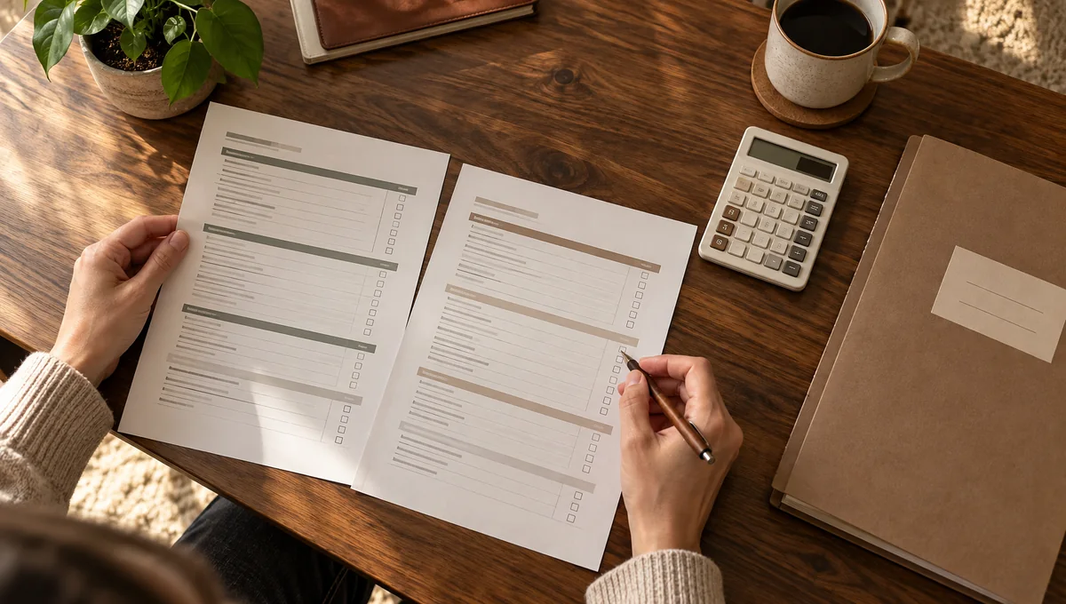 Two plain scope schedules, a project folder and calculator used to compare local SEO quotes for a small business.