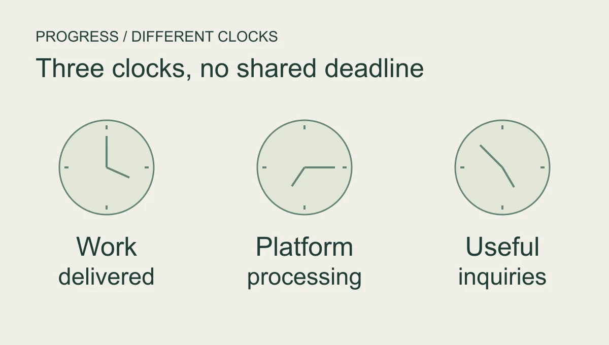 Three local SEO clocks: work delivered, platform processing and useful inquiries observed. They do not share one deadline.