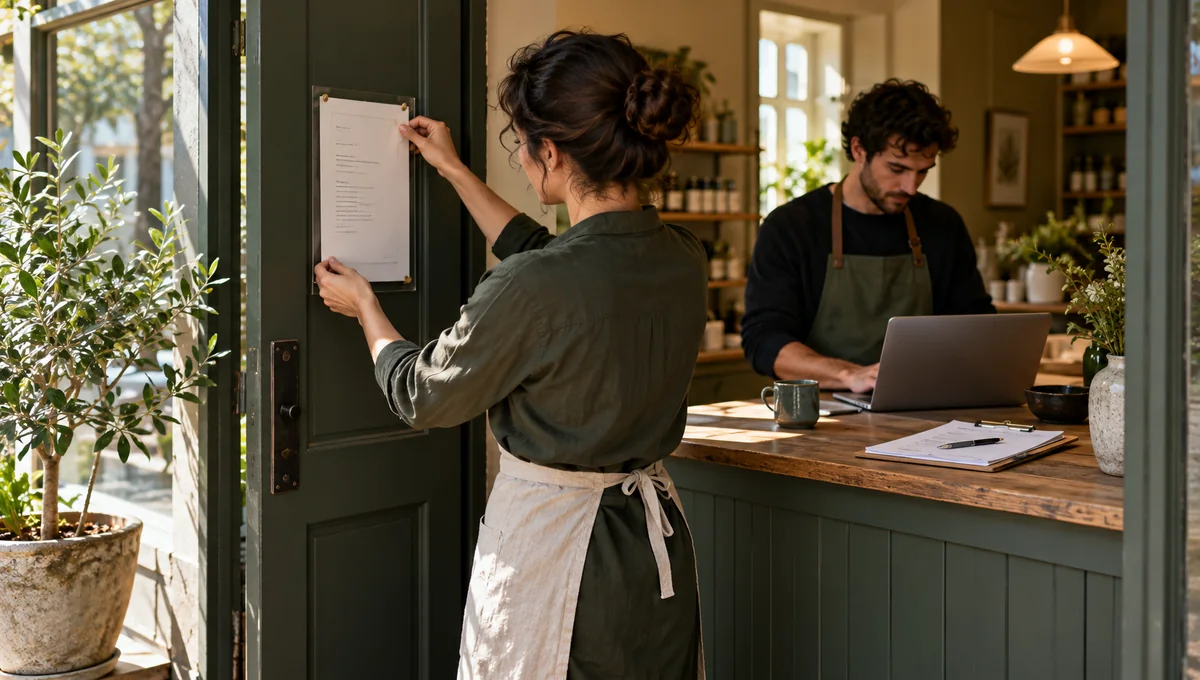 A shop team updating a notice at the entrance and working at a laptop, illustrating completed local-search improvements.
