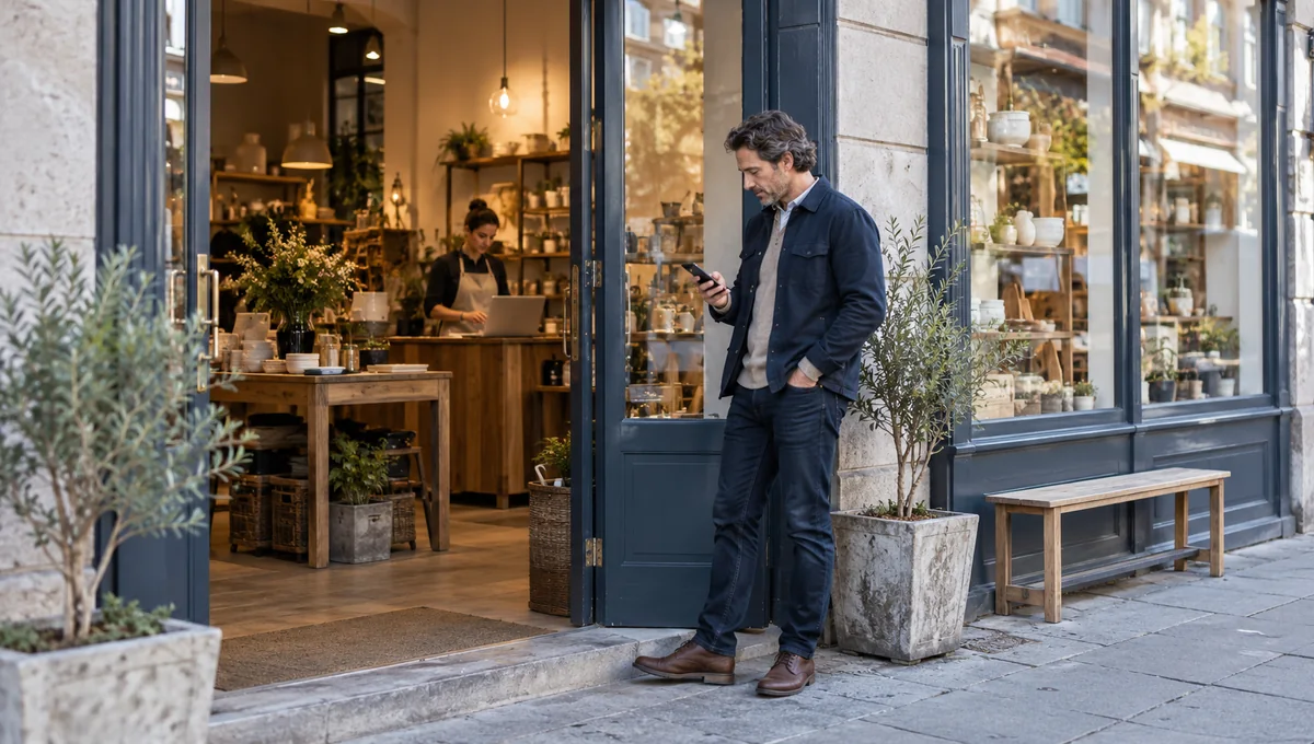 A person checking a phone outside an open shop while a colleague works at a laptop inside, illustrating a missing-profile investigation.