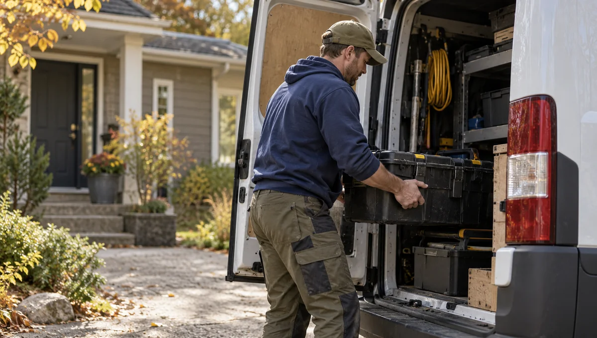 A tradesperson loading a tool case into an unmarked service van at a residential driveway before travelling to customers.