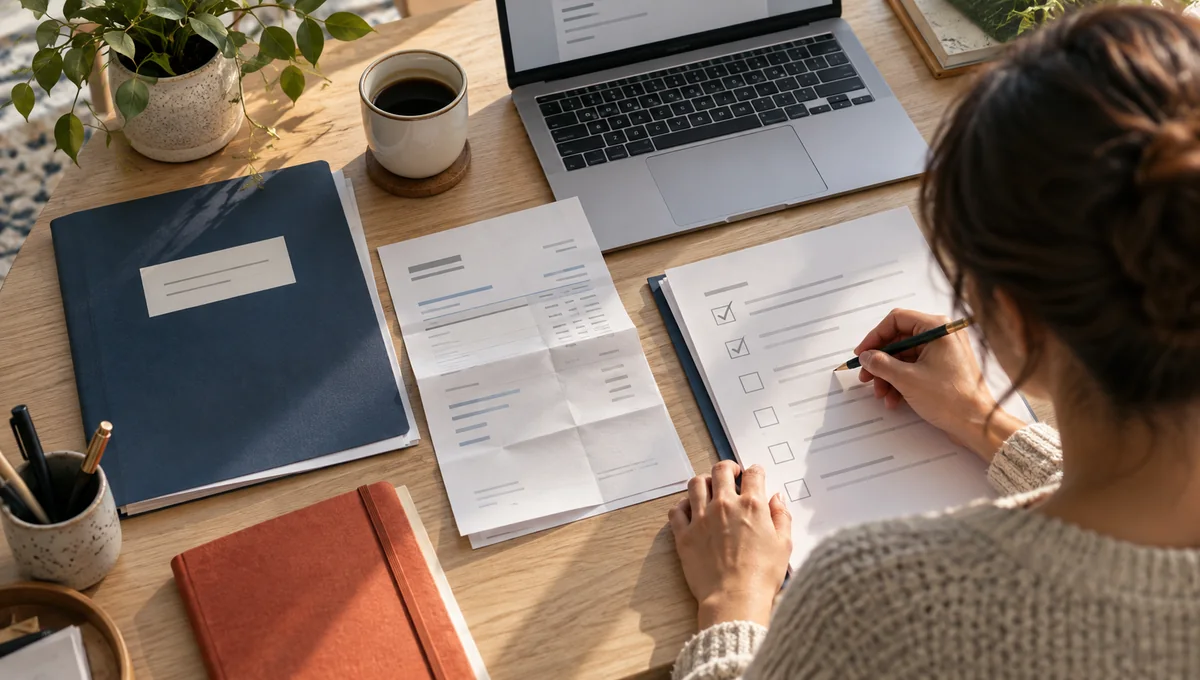 A person checking a paper checklist beside a document folder and laptop before a Google Business Profile suspension appeal.