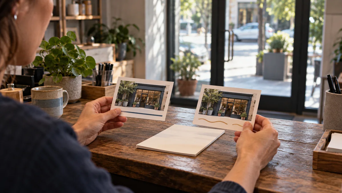 A person comparing two cards with the same storefront photograph, illustrating duplicate Google Business Profile records.