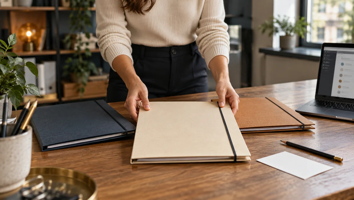 A person placing a cream folder ahead of two other folders beside a laptop, illustrating the choice of a main business category.