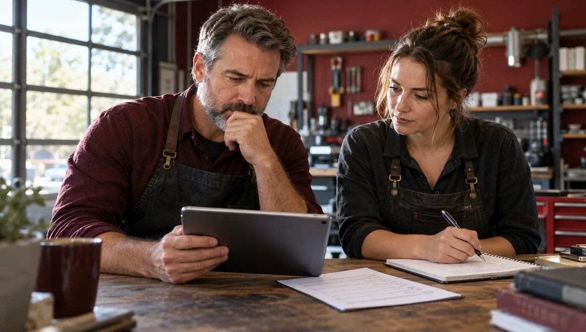 Two workshop colleagues studying a tablet beside notes and paperwork, illustrating a Google review policy check.