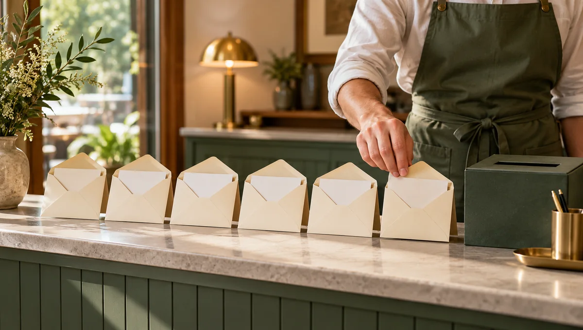 A row of identical open envelopes beside a comment box, illustrating equal access to a review request.
