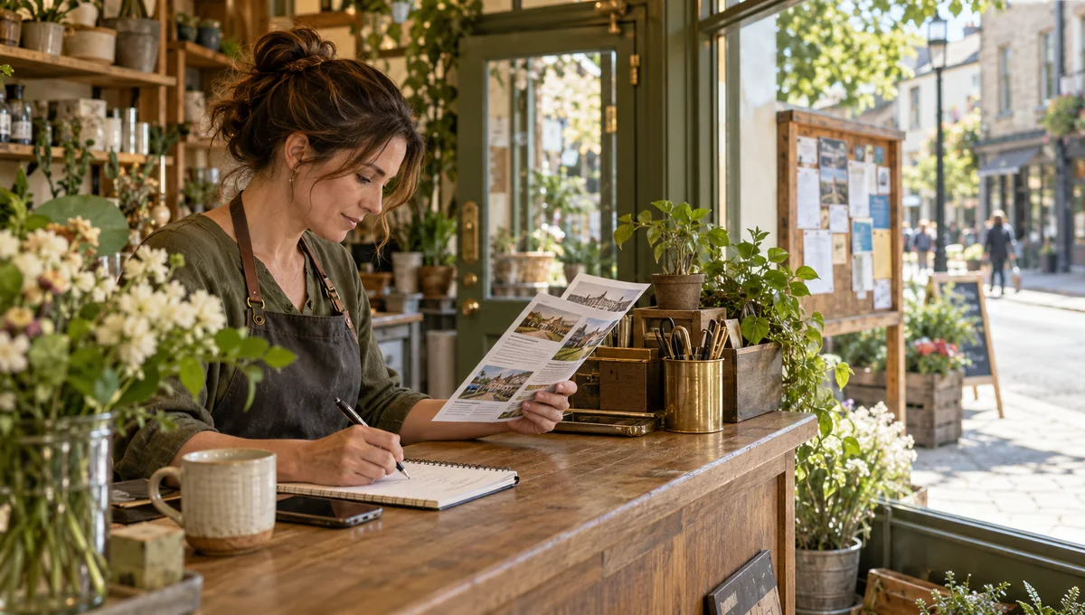 A shop owner reading a brochure and writing notes beside a community noticeboard, illustrating a local listing buying decision.