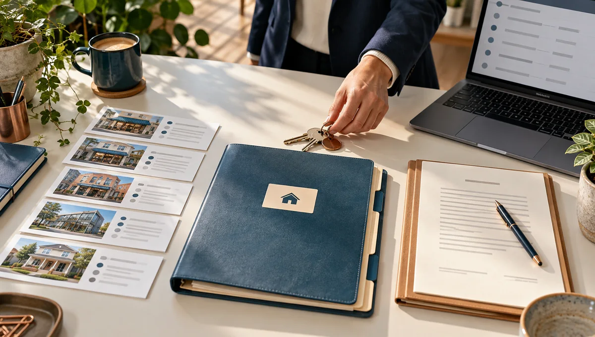 A blue folder, property cards, keys and paperwork beside a laptop for a BrightLocal vs Yext buying decision.