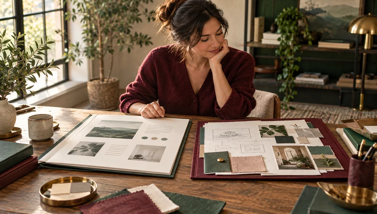 Owner looking at two physical layout portfolios, one simple and one with sketches and material swatches.