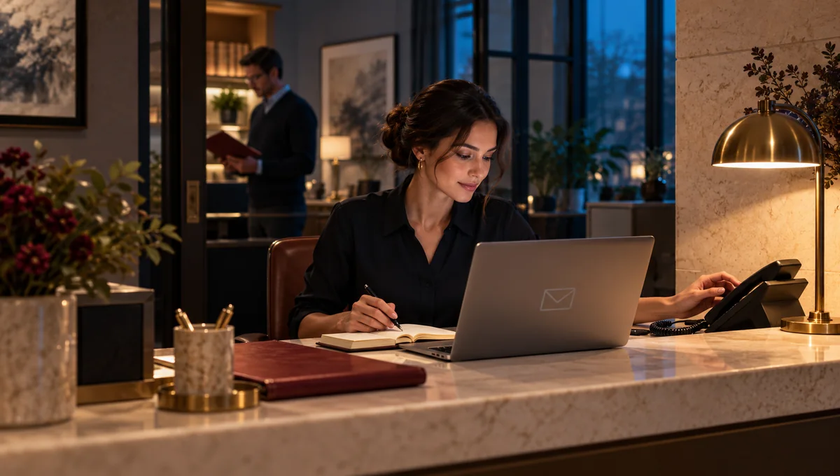 Coordinator with an open notebook and laptop, reaching toward a desk telephone.