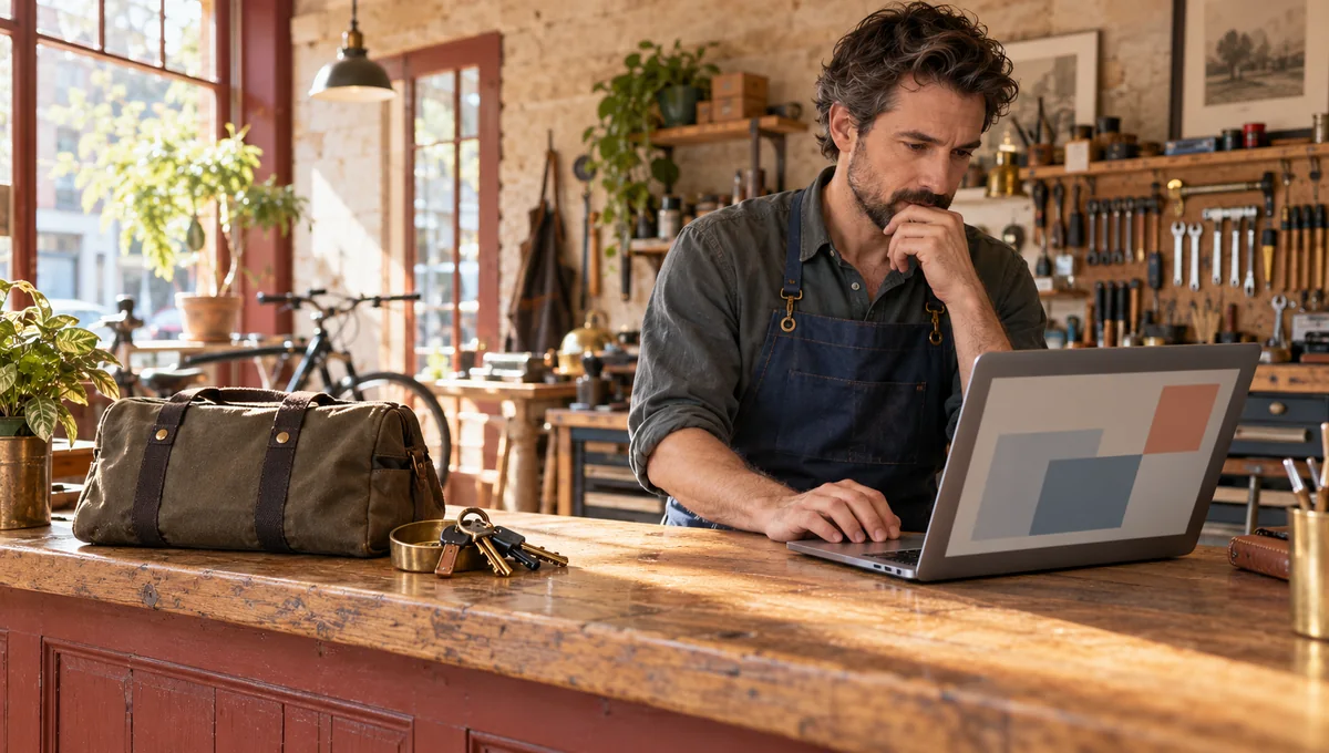 Small business owner using a laptop at a workshop counter beside a closed maintenance tool bag.