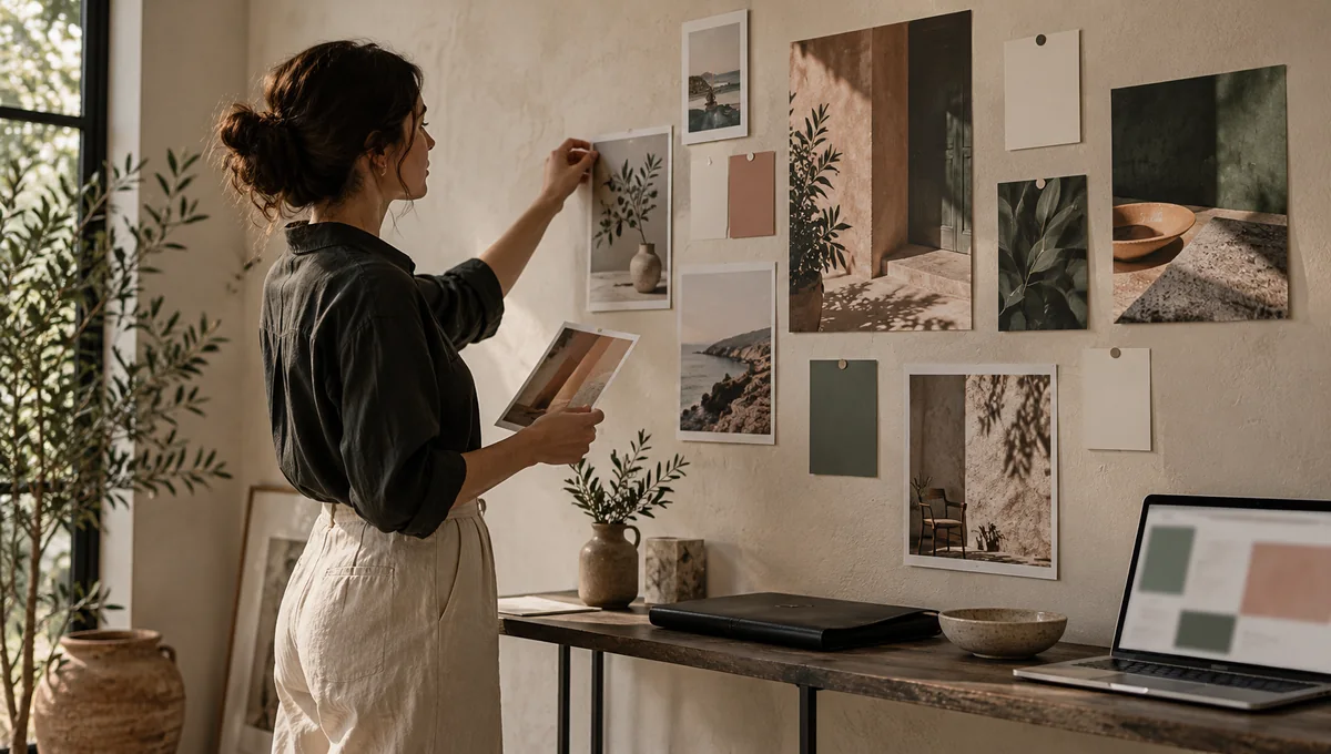 Service business owner arranging photographs and cards on a studio wall beside a laptop.