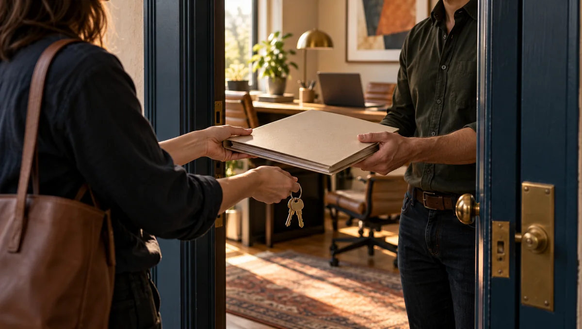 Two people exchanging a project folder and keys at an office doorway.