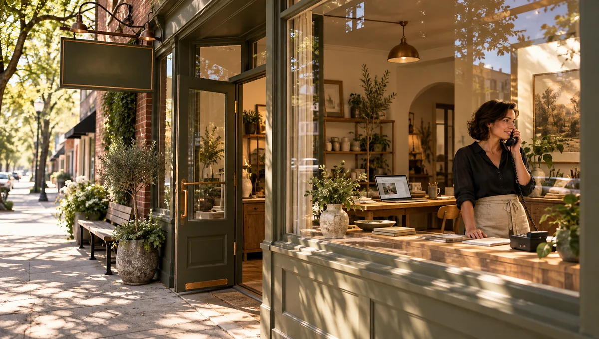 Street view of a small storefront with a person on the phone and a laptop inside.