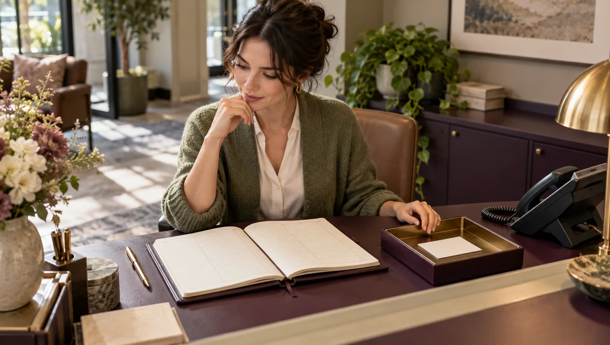 Receptionist beside an open paper appointment book, request tray and telephone at a front desk.