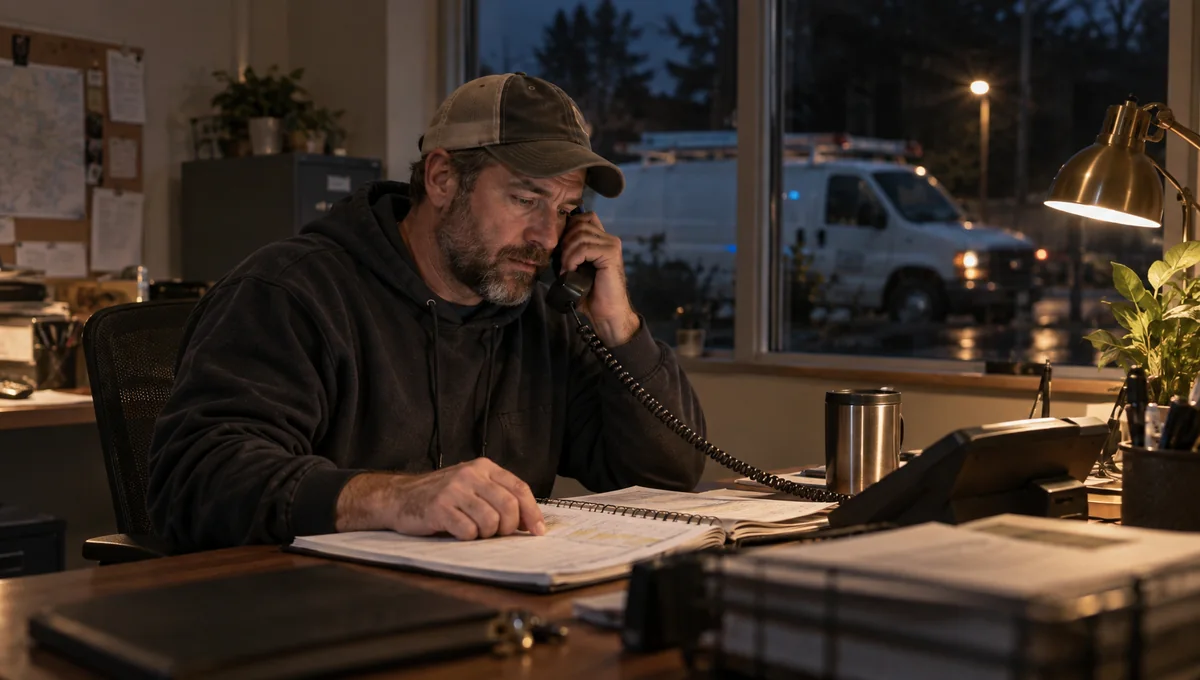 Plumber on the phone in a dispatch office at dusk, with an on-call roster and service van visible through the window.