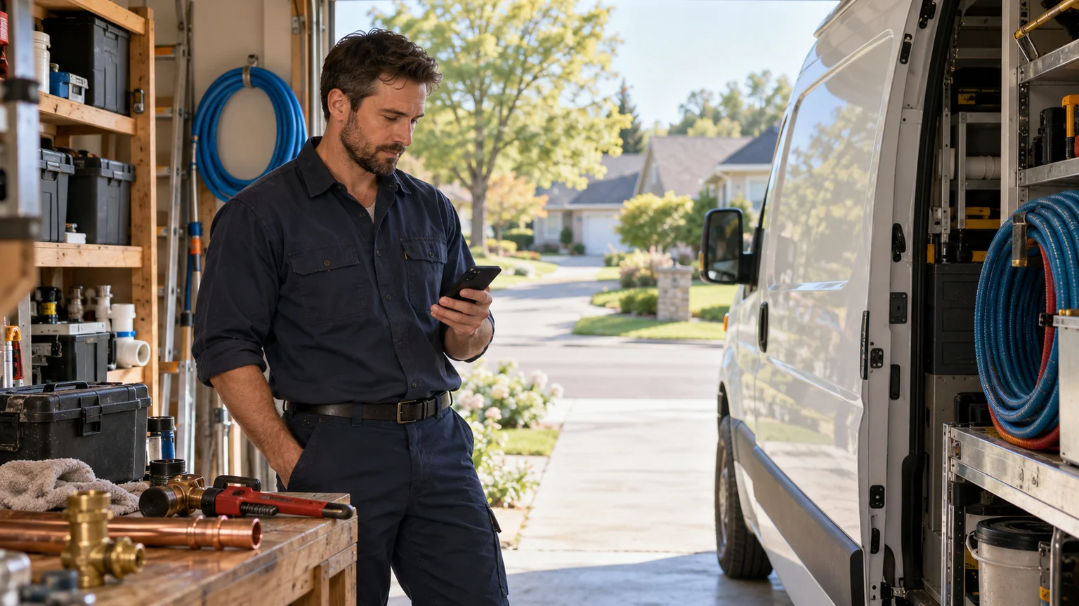 Plumbing business owner checking a phone beside an unbranded service van in a garage facing a residential street.