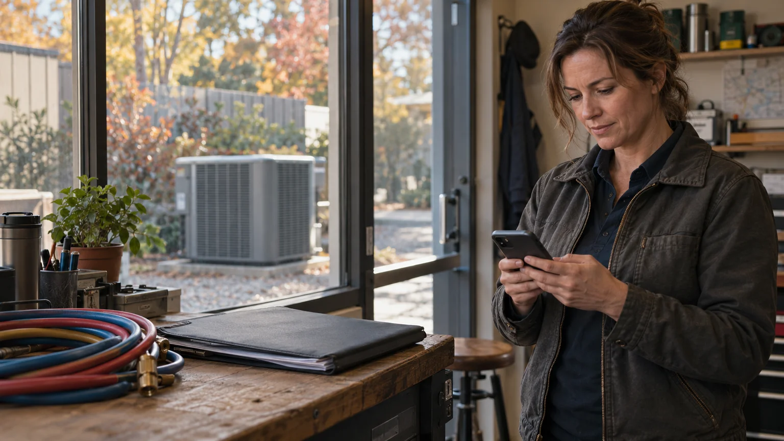 HVAC business owner checking a smartphone in a service office, with maintenance supplies and an outdoor condenser visible behind her.