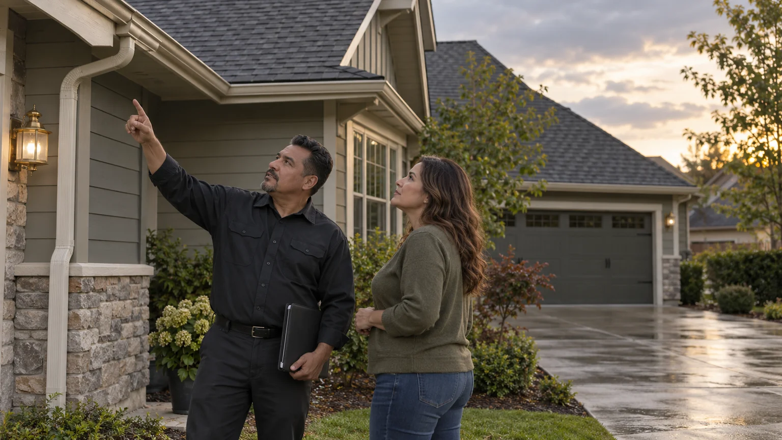 Roofing business owner and homeowner standing beside a driveway and looking toward the roofline of a suburban house.