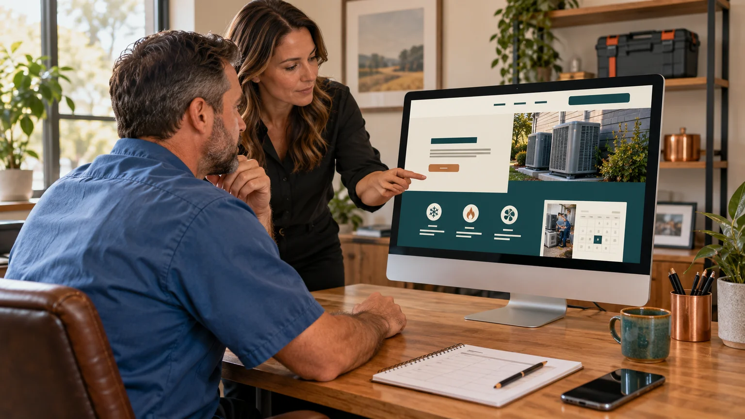 HVAC business owner and operations manager reviewing a website layout on a desktop monitor, with a phone and appointment-planning sheet on the desk.