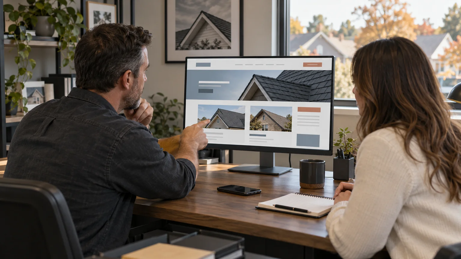 Roofing business owner and colleague reviewing a roofing website on a desktop monitor beside a notebook and phone.