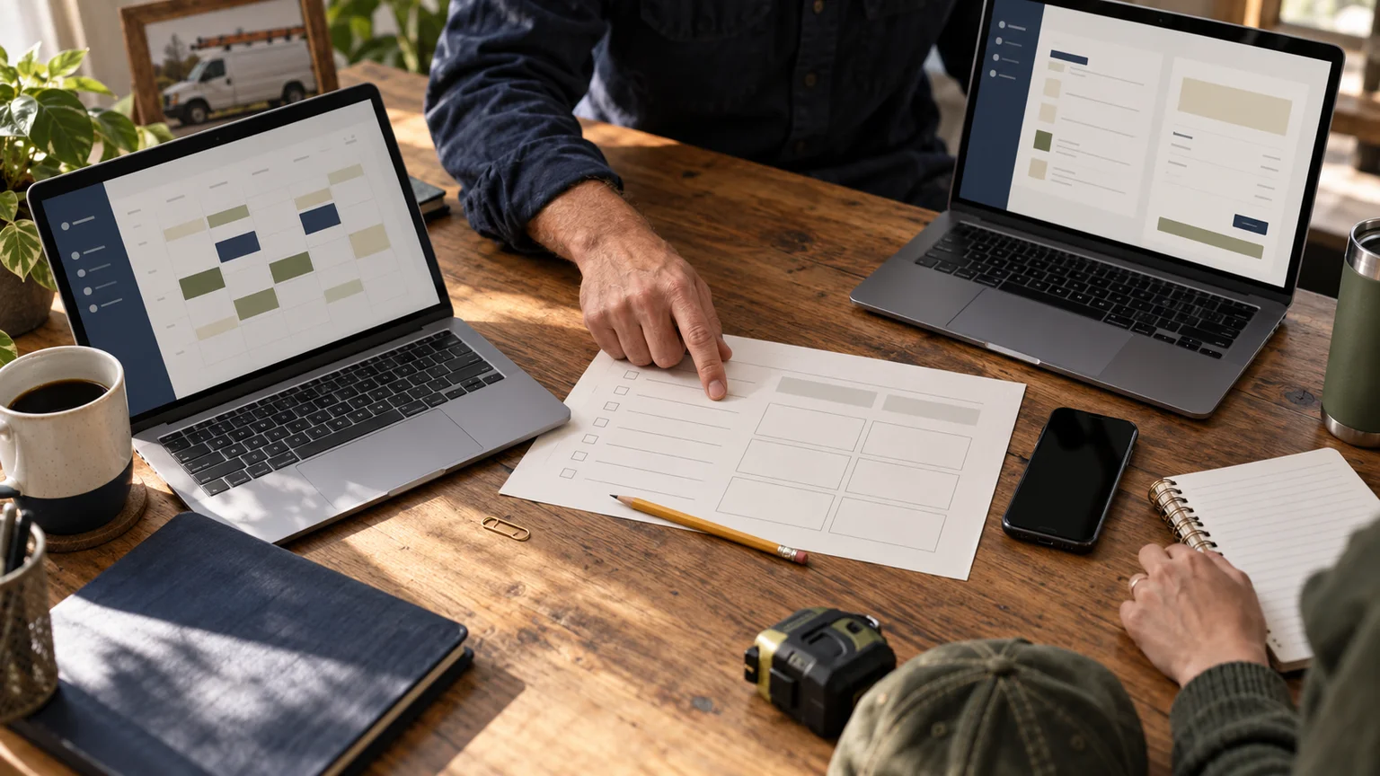 Two generic software screens beside a paper job plan, phone and notebook on a home-service business planning desk.