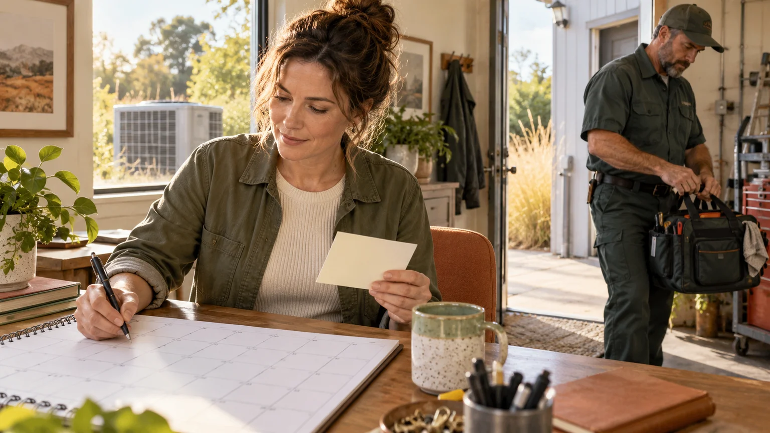 HVAC business owner reviewing a paper calendar and appointment card while a technician prepares a service bag in a sunlit workshop office.