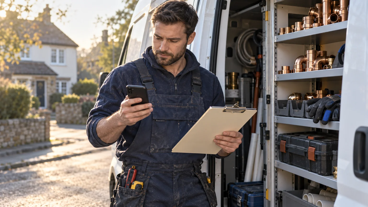 Plumber comparing a smartphone with an appointment clipboard beside the open door of an organized service van on a residential street.