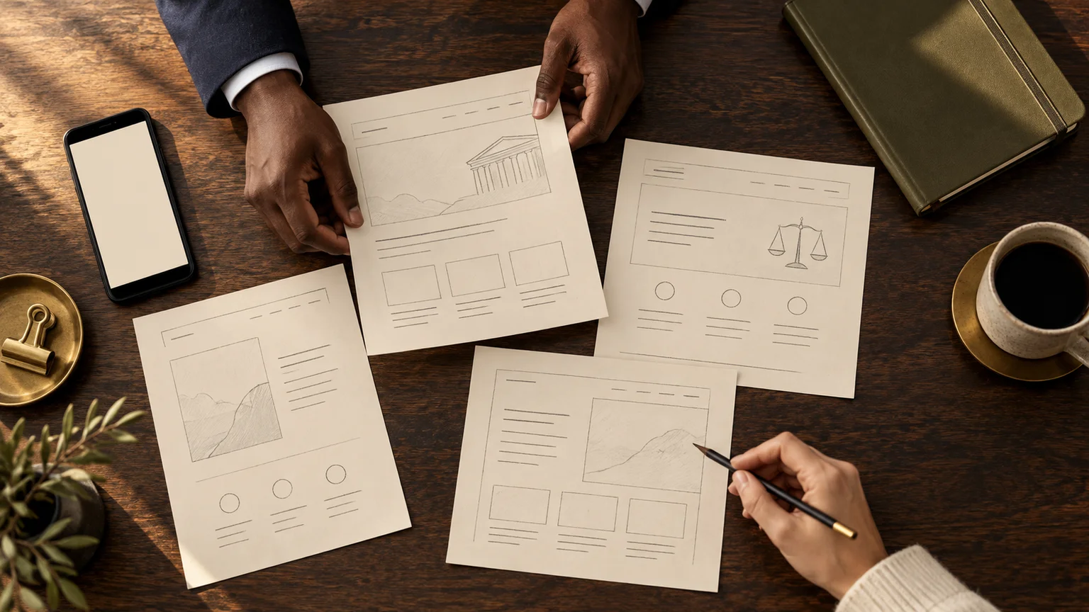 Hands arranging cream website layout sketches beside a smartphone, brass clip and closed notebook on a dark oak design table.