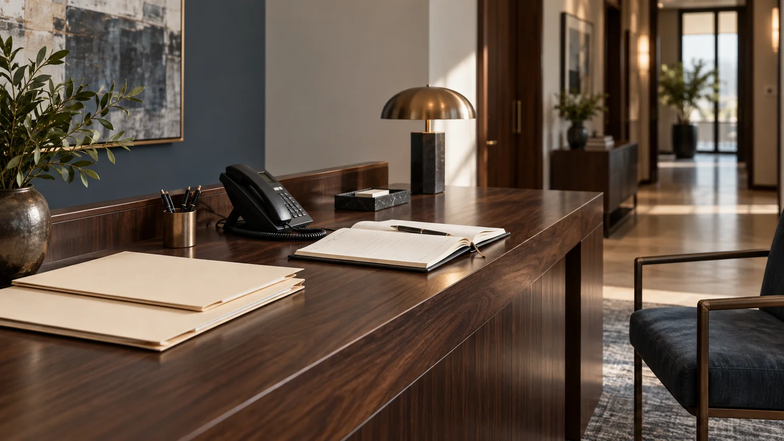 Cream intake folders, a dark telephone and appointment notebook arranged on a walnut reception counter beside an empty visitor chair.