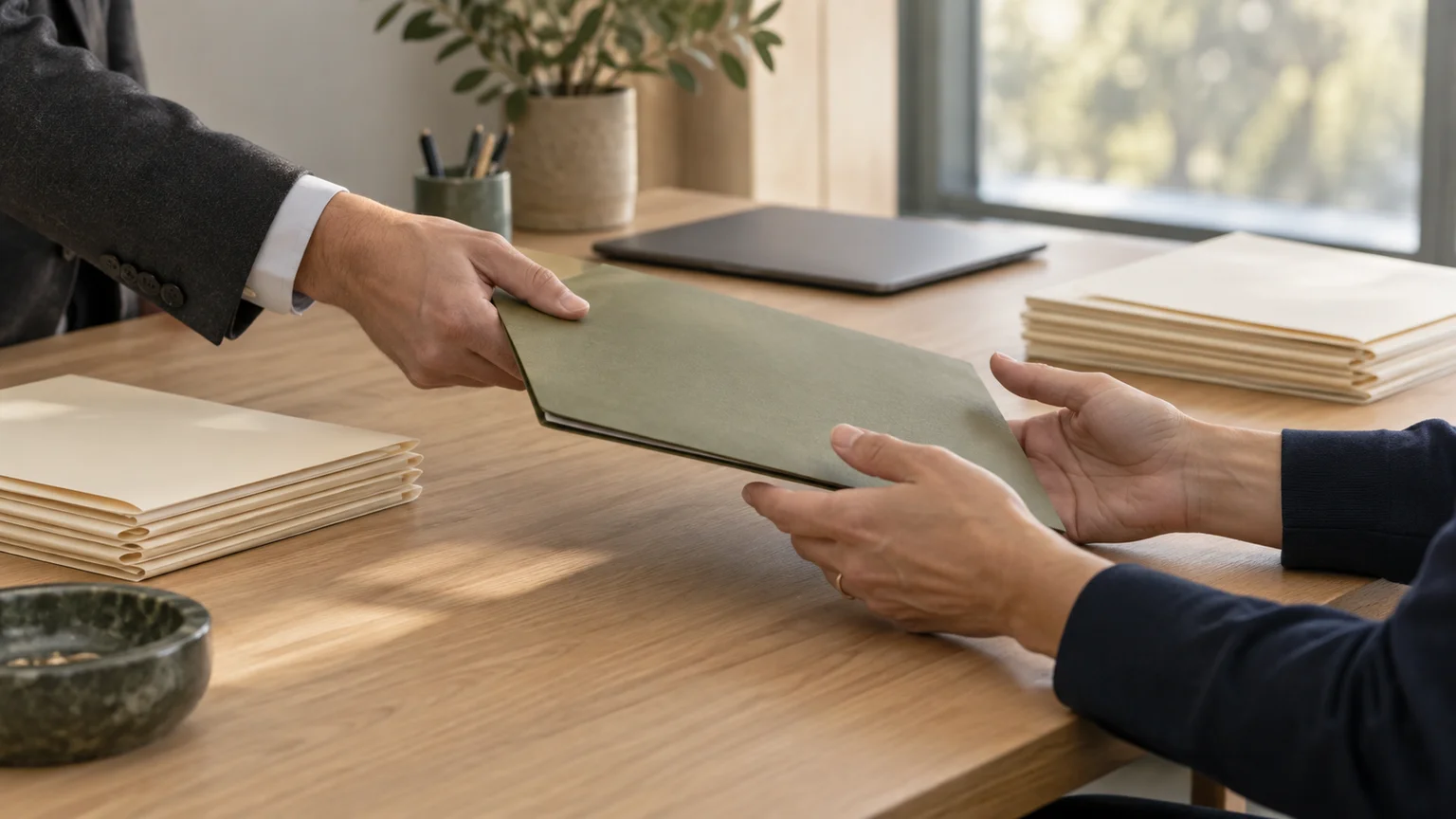 Hands passing a closed olive folder across a pale oak meeting table, with organized cream folders and a closed laptop in soft daylight.