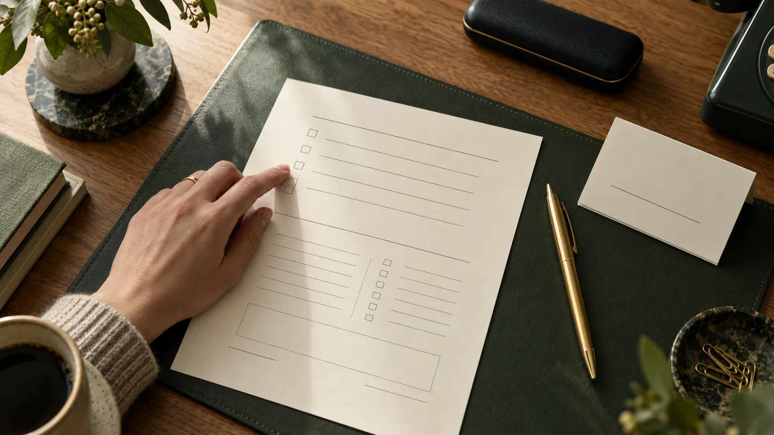 A hand pointing to a sparse cream questionnaire on an olive writing mat beside a brass pen and a folded appointment card.