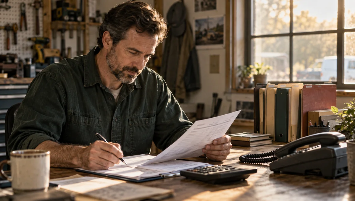 Service-business owner reviewing callback papers beside a telephone, calculator and job folders in a workshop office.