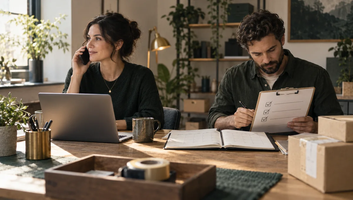 Two colleagues checking a practice phone call against a paper checklist and appointment calendar beside a laptop.