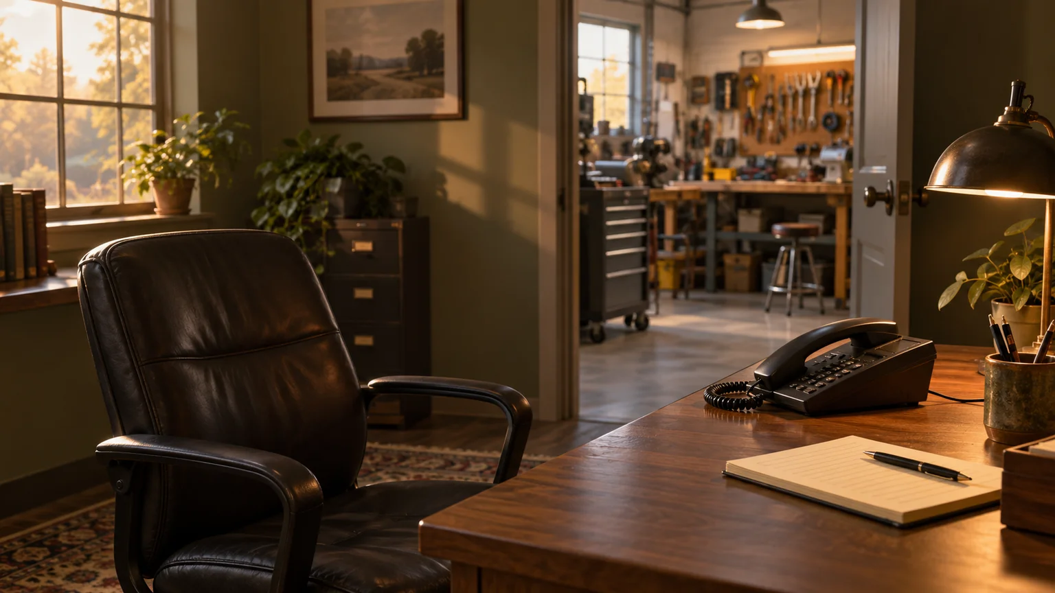 An empty office chair beside a walnut desk and black telephone, with a softly focused workshop visible through the doorway.