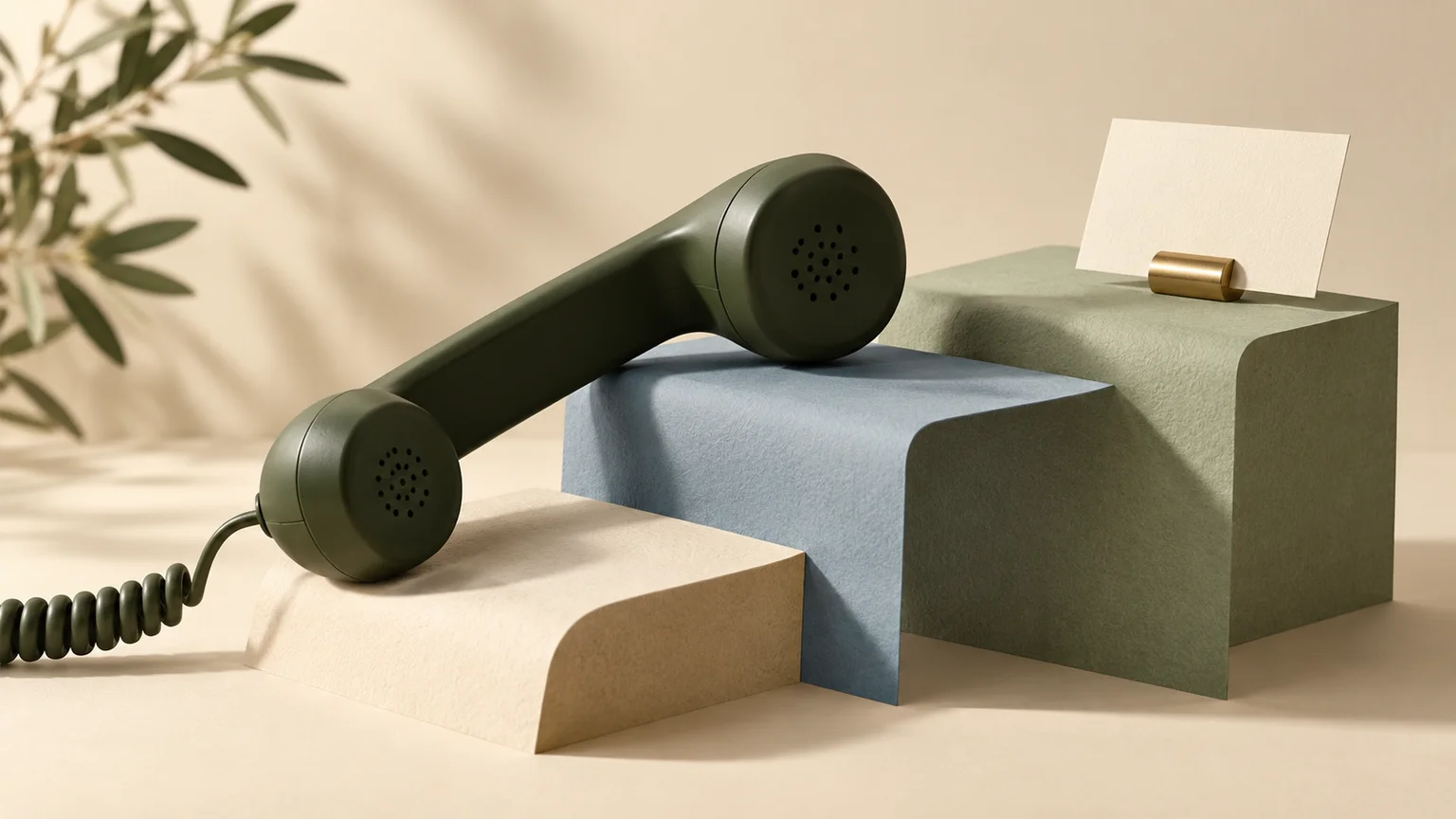 An olive telephone handset resting across cream, blue and sage sculpted steps, with a blank appointment card on the final step.