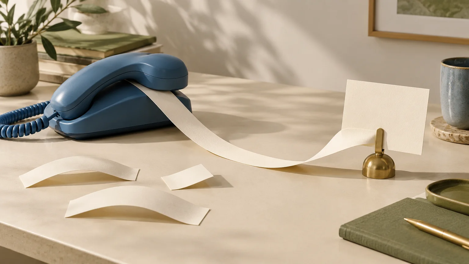 A blue desk telephone and a curved ivory paper strip leading to an unmarked appointment card, beside three disconnected strips.