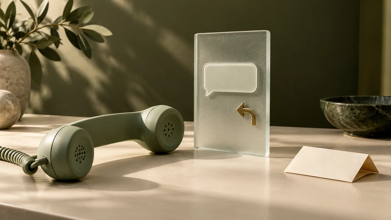 A sage telephone handset beside a frosted message-shaped glass object, a brass reply arrow and an unmarked appointment card.