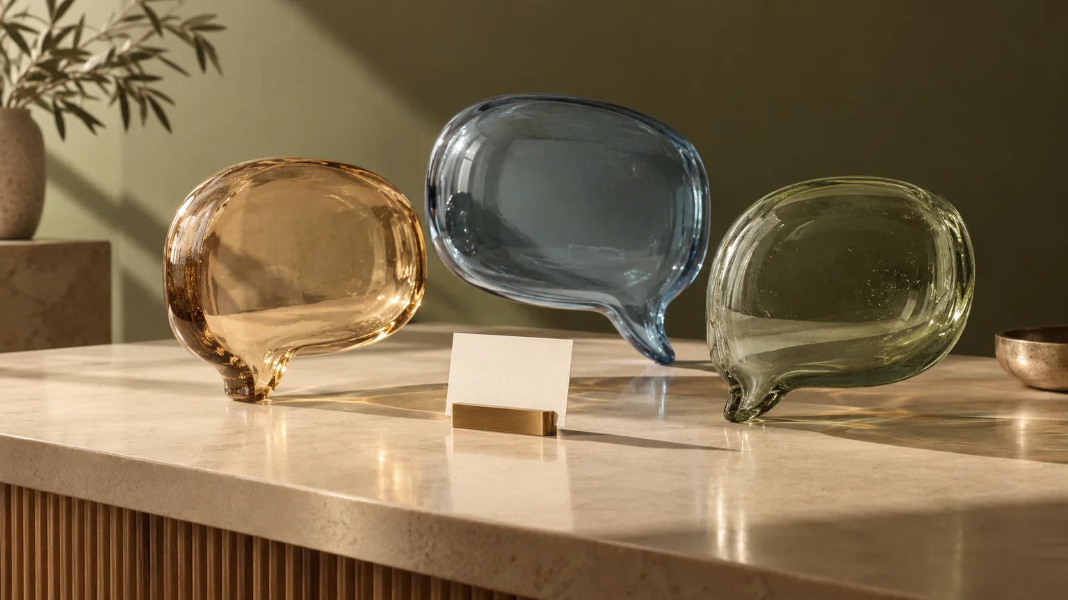 Amber, blue and sage glass speech sculptures on a cream reception counter, with one unmarked appointment card in a brass holder.