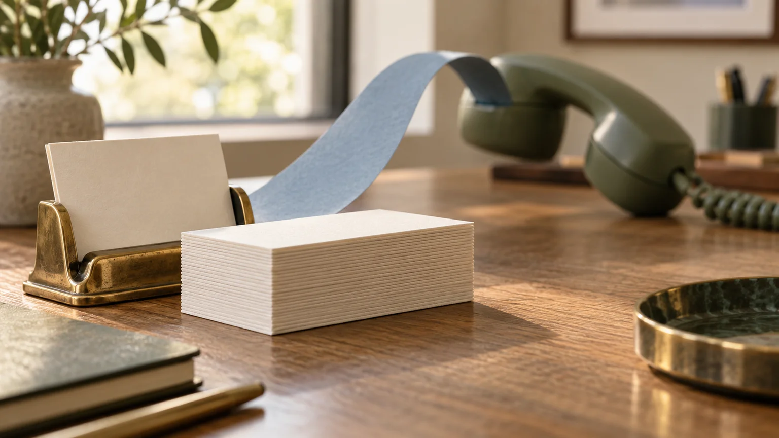Unmarked ivory business cards in a brass holder, with a blue paper path leading toward an olive telephone handset on an oak desk.