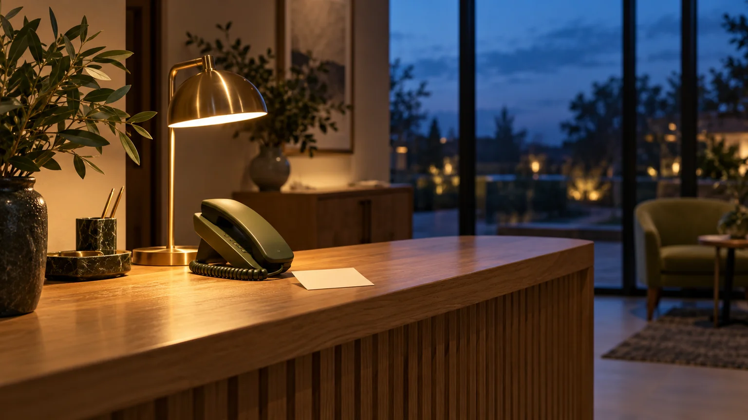 An illustrative empty reception desk at dusk, with an olive telephone, a lit brass lamp and a blank cream appointment card.