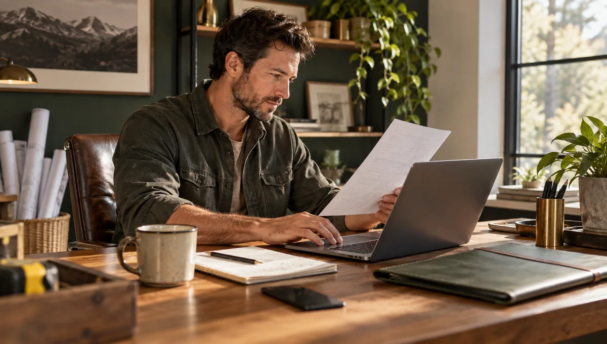Contractor reading a paper estimate beside a laptop in a warmly lit office.