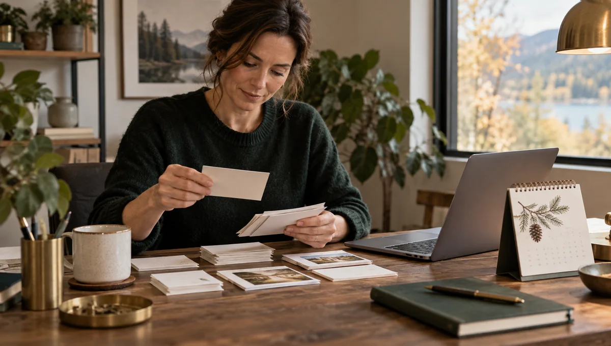 Woman sorting paper cards for past customer records beside a laptop and calendar.
