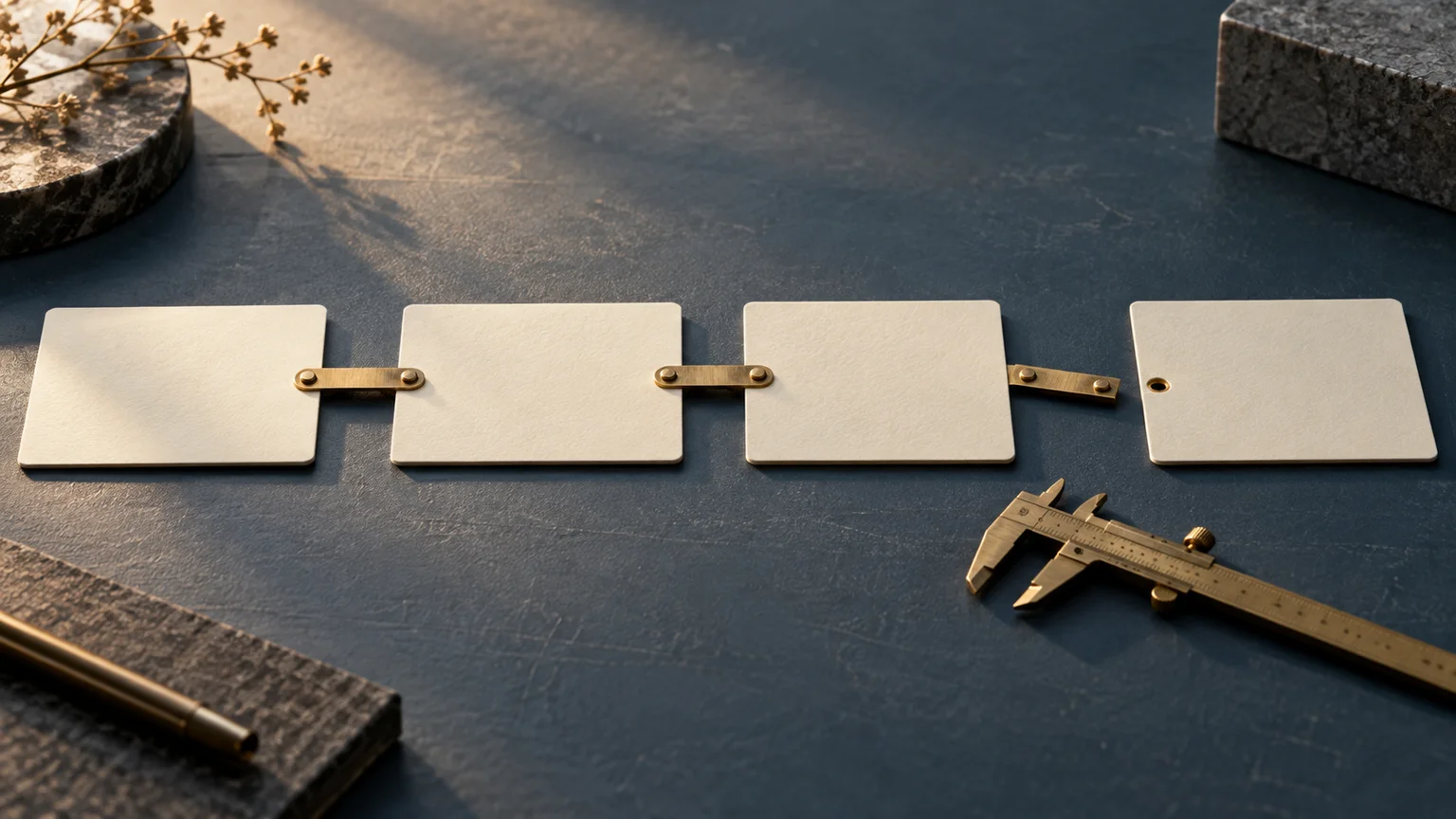 An illustrative row of ivory cards joined by brass strips on a slate-blue workbench, with a disconnected strip and a brass caliper beside it.
