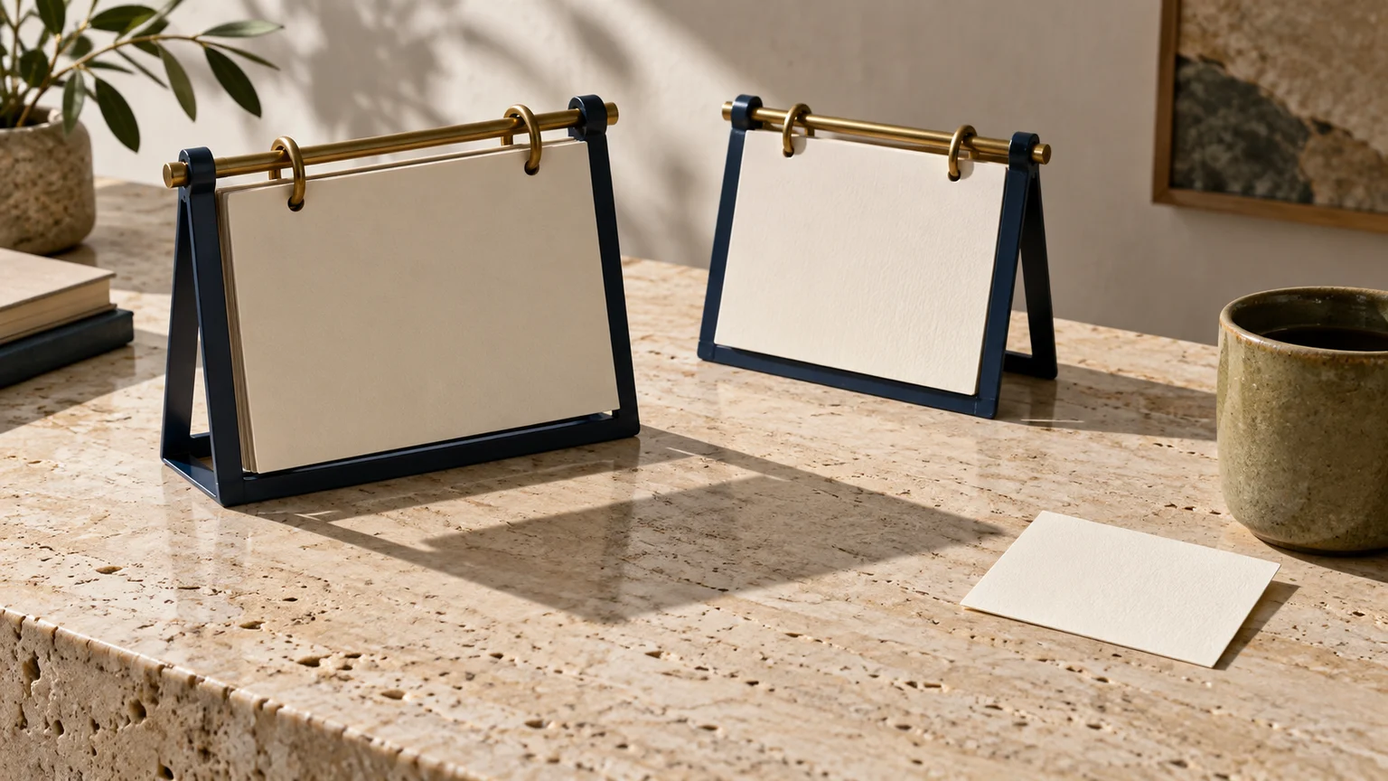 An illustrative pair of navy and brass desk-calendar frames holding blank cards on a stone desk, with overlapping shadows and a separate appointment card.
