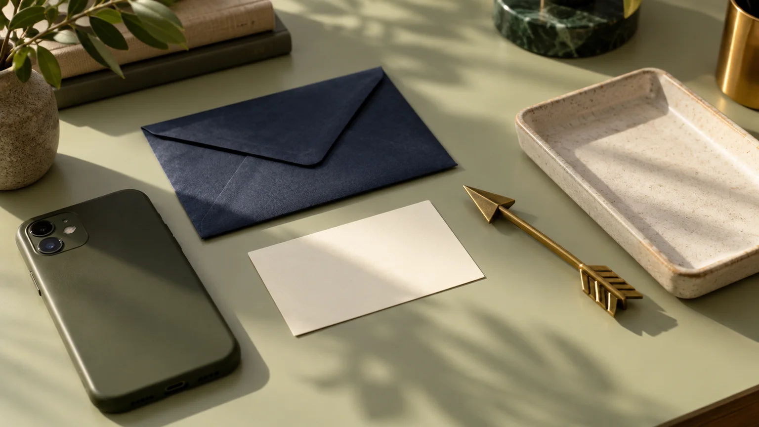 An illustrative face-down olive phone, navy envelope and blank appointment card on a sage desk, beside a brass arrow and an empty ceramic tray.