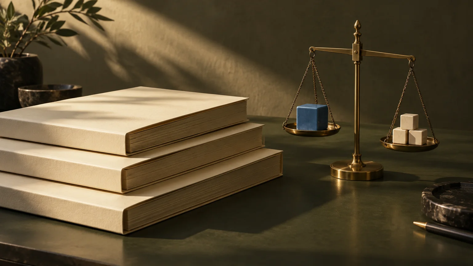 An illustrative stack of cream folders beside a brass balance holding one blue block and three small cream blocks on an olive desk.