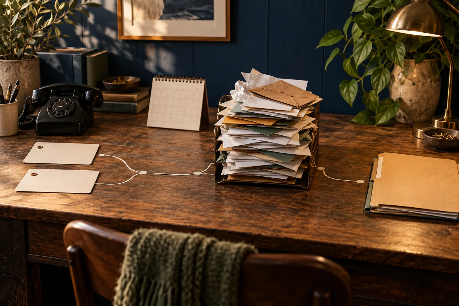 An overflowing customer inbox tray on an operations desk, with an interrupted paper trail between a telephone, calendar and customer cards.